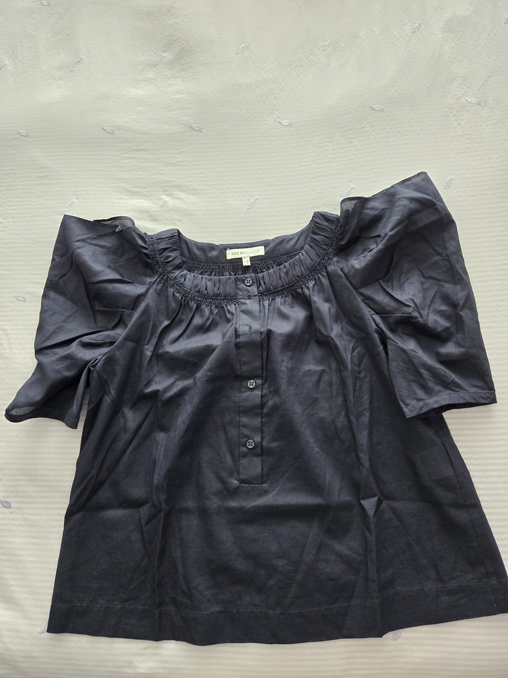 See By Chloe Navy Puff-Sleeve Open Shoulder Cotton Blouse